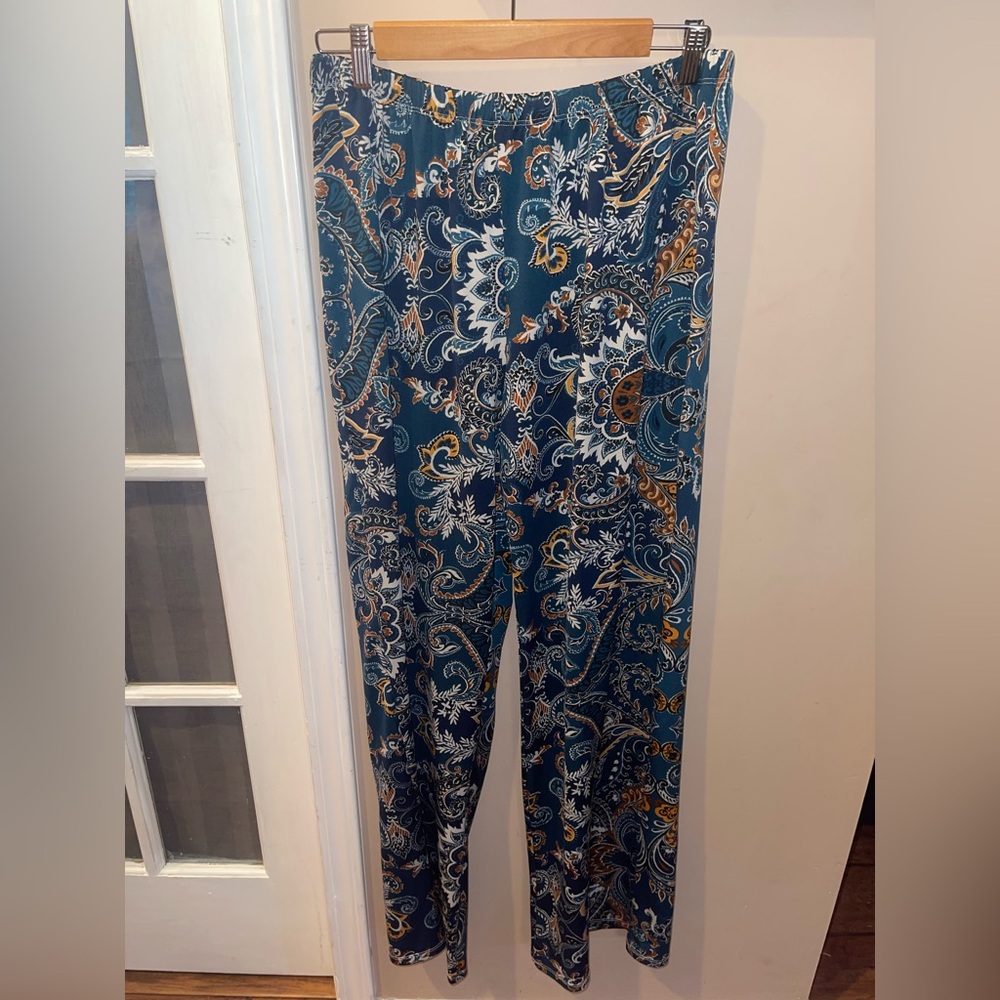 Valerie Stevens Teal Paisley Wide Leg Pants woman’s size XL - Picture 2 of 7